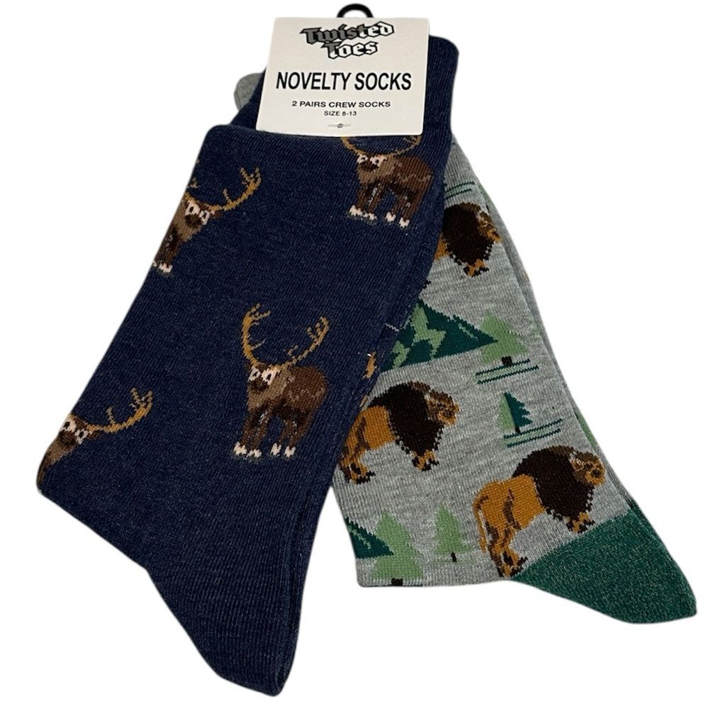 Twisted Toes Crew Socks Mens 8-13 NEW 2 Pair Caribou Moose Lion Novelty Socks